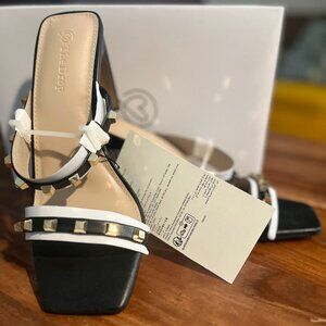 The Drop- Avery Square Toe Two Strap Heels - Black Studded - Size 7.5